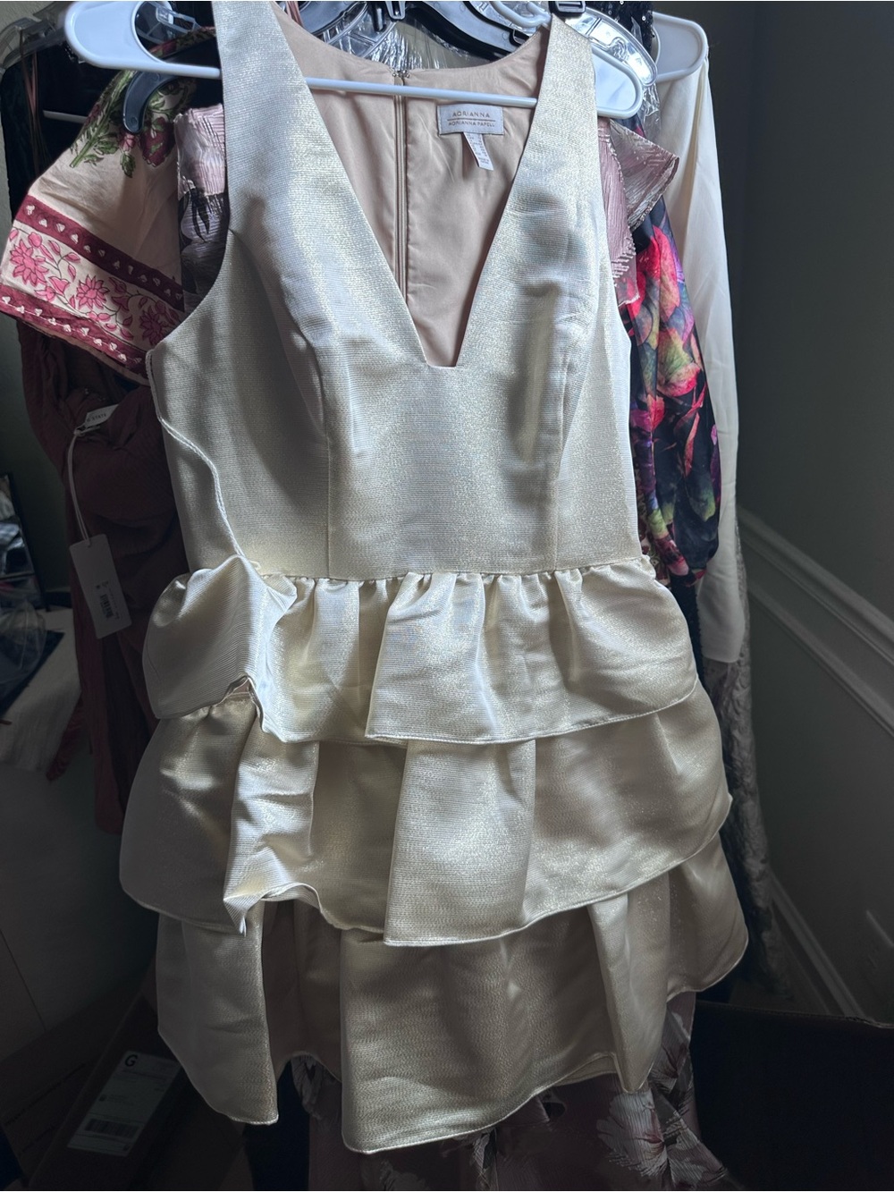 Adrianna Papell Shimmery Ivory Tiered Peplum V-Neck Dress